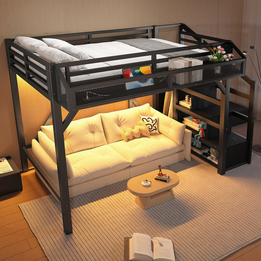 Twin Loft Bed With Storage Stairs, Shelves And Built-in Wardrobe, Metal Loft Bed Frame With USB Ports And LED Lights, Noise-reduced Design, Black