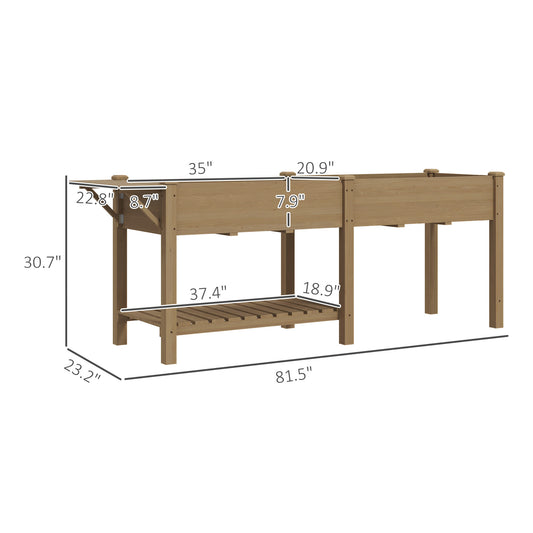 Wood Raised Garden Box, Elevated Garden Bed With Side Table, Bottom Shelf, Bed Liners And Drainage Holes, Carbonized