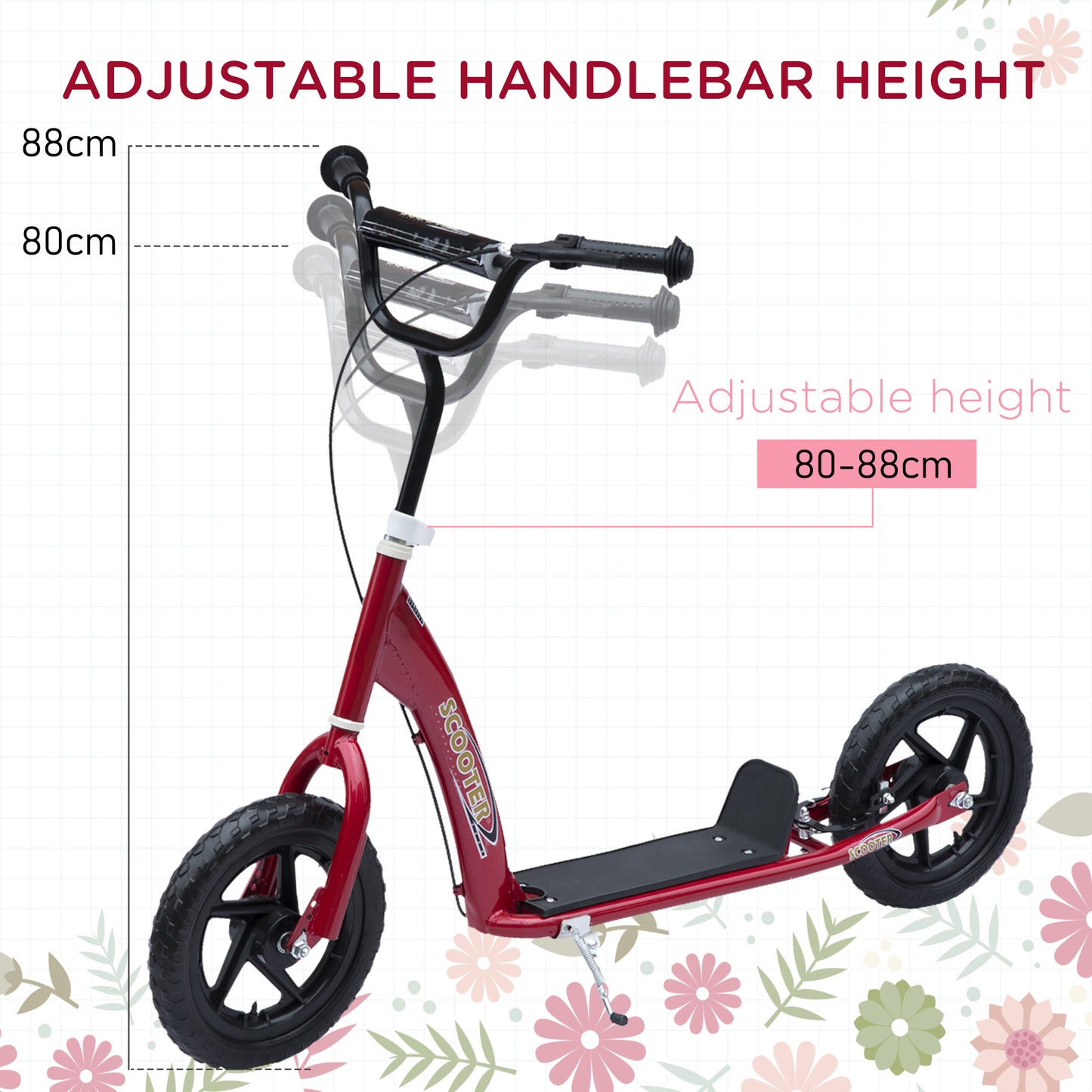 Kids Scooter Kick Scooter, With 12" EVA Tyres, Rear Brake, Big Wheels Scooter For 5-12 Years , Red
