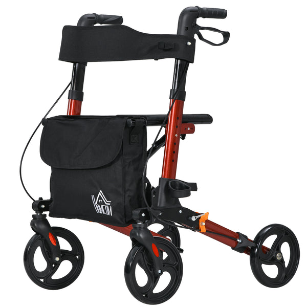 4 Wheel Rollator With Seat And Back, Folding Mobility Walker With Carry Bag, Adjustable Height, Dual Brakes, Cane Holder, Lightweight Aluminium Walking Frame For Seniors And Disabled, Red
