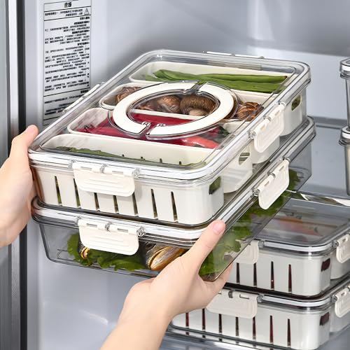 Vegetable Tray With Divided Lid And Handle. Divided Plate With Four Compartments. Portable Snack Storage Box. Stackable Snack Container. Refrigerated Food Container. Suitable For Fruits, Vegetables, A