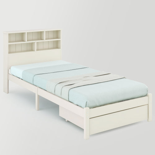Bed With Shelves, White Wooden Storage Bed, Underbed Drawer - 3FT Single 90 X 190 Cm Frame Only