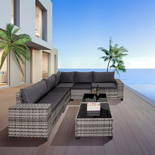 7-Piece Outdoor Patio Furniture Sets, All-Weather Wicker Rattan Sectional Sofa, Modern Two Glass Coffee Table And Washable Seat Cushion