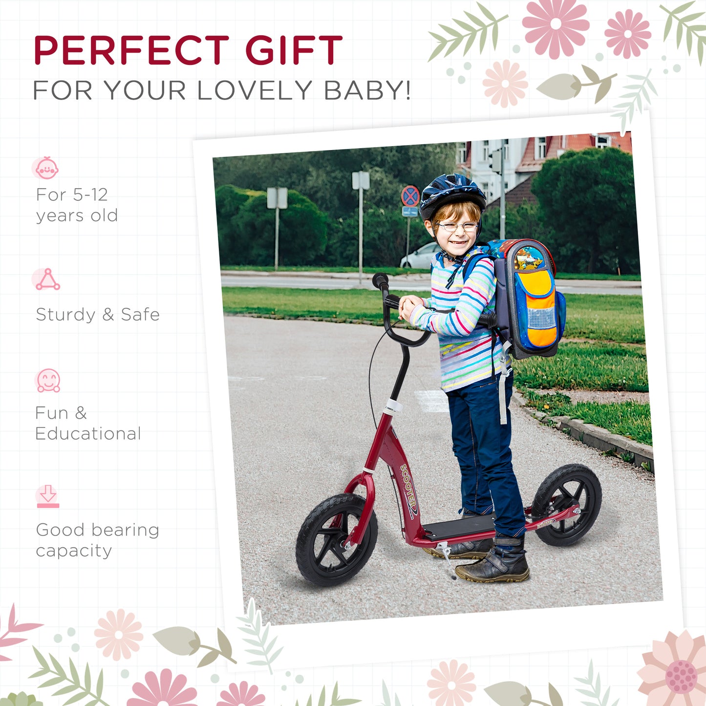 Kids Scooter Kick Scooter, With 12" EVA Tyres, Rear Brake, Big Wheels Scooter For 5-12 Years , Red