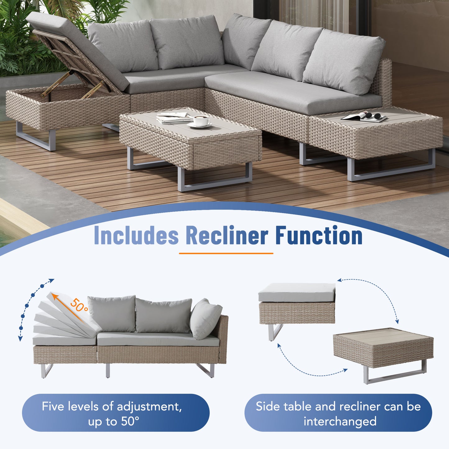 Mixed Khaki Rattan Corner Sofa Set,Industrial Style,with Coffee Table,Garden Furniture Set,Anti-UV Cushions Removable Covers,Khaki