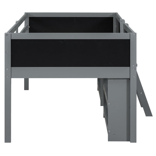 Twin Size Low Loft Bed With Movable Shelves, Ladder & Guardrail Chalkboard, Gray