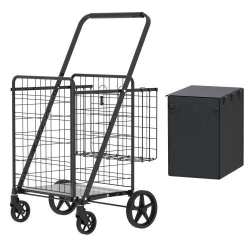 Large Shopping Cart,Grocery Cart On Wheels, Foldable Utility Shopping Carts With Double Basket And 360  Rolling Swivel Wheels For Groceries Laundry