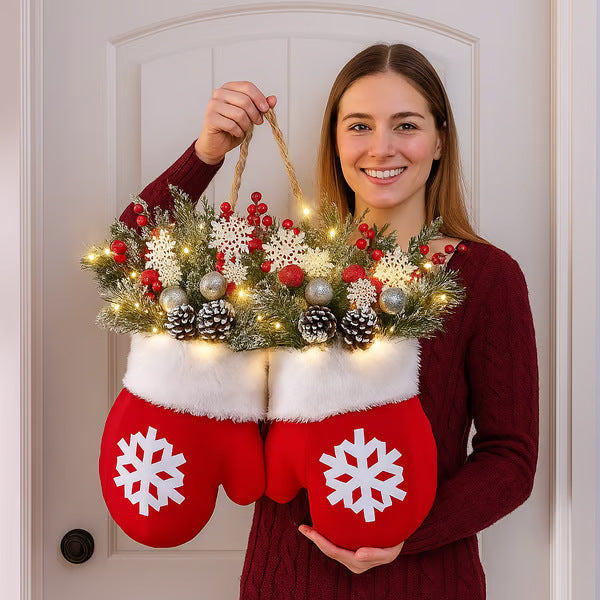 Christmas Garland Creative Glove Shaped Simulated Flower Wreath Window Door Gate Decoration Door Sign Xmas Party Decoration