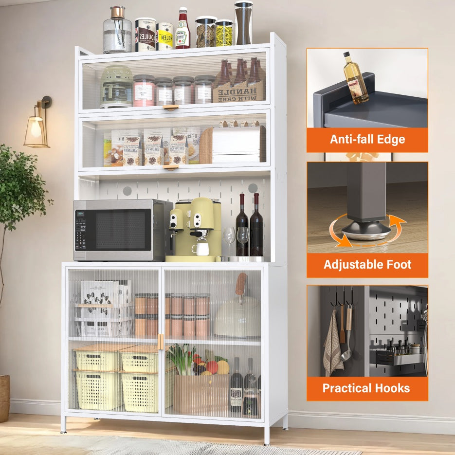 73'' Tall Kitchen Pantry Cabinet , 6 Level Flip Door With Pegboard Metal Pantry Storage Cabinet, Anti-Tip Design Hutch For Kitchen, Dining Room, Living Room White
