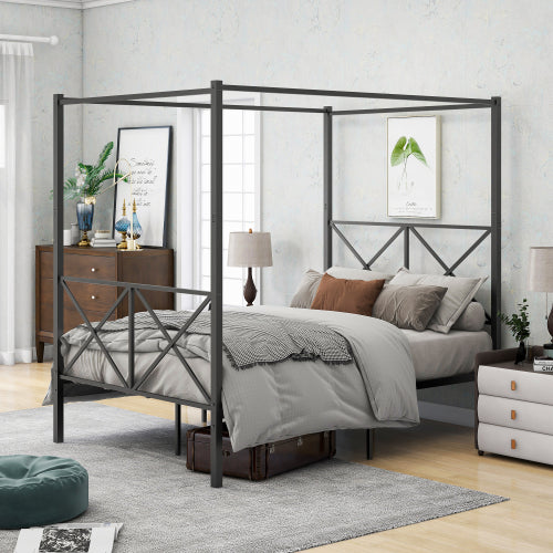 Metal Canopy Bed Frame, Platform Bed Frame With X Shaped Frame Full Black