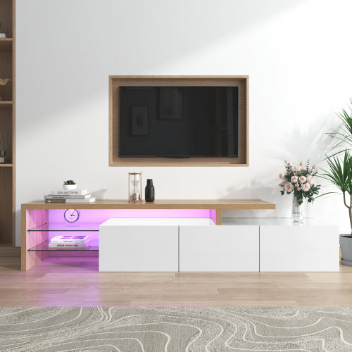Modern TV Cabinet Design Stylish And Elegant, Practical Storage, High-gloss White, Wooden Look, Glass Shelves, LED Lighting