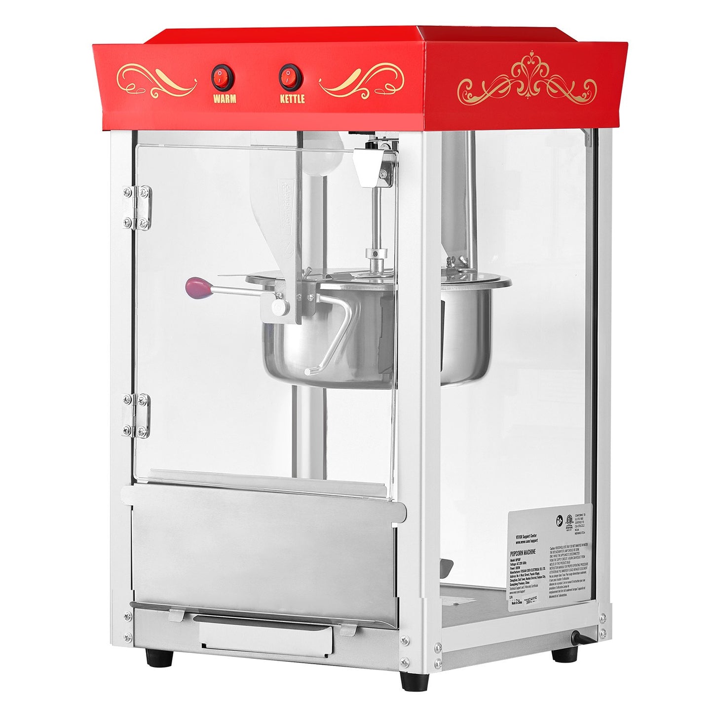 Popcorn Machine, 8oz Stainless Steel Kettle, 800W Commercial Countertop Popcorn Maker, 48 Cups Per Batch Theater Style Popper, With 2-Button Control Glass Wall PC Door 1 Scoop 3 Spoons, Red