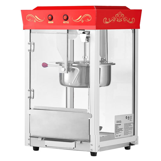 Popcorn Machine, 8oz Stainless Steel Kettle, 800W Commercial Countertop Popcorn Maker, 48 Cups Per Batch Theater Style Popper, With 2-Button Control Glass Wall PC Door 1 Scoop 3 Spoons, Red