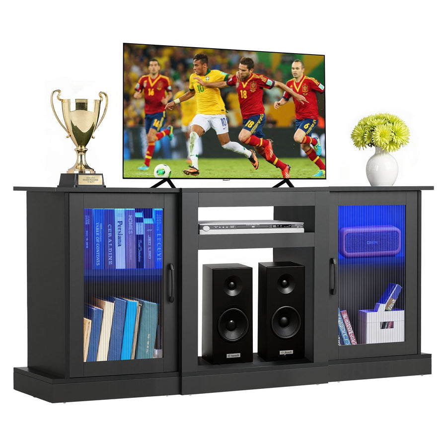 TV-Ständer Für Fernseher Bis Zu 65 Zoll, TV Tisch Mit Lichtleiste, TV-Schrank Aus Holz Mit Türen & Verstellbaren Regalen, Konsolentisch Fernsehschrank Für Wohnzimmer Schlafzimmer, Schwarz