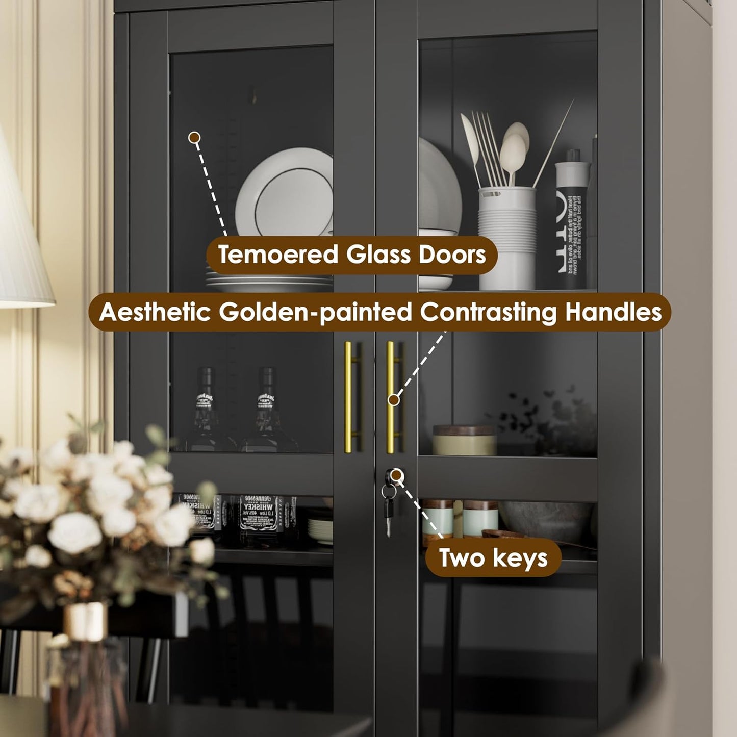 Metal Arched Cabinet With Lock, Arch Display Bookcase With Glass Doors Shelves, Modern Freestanding Kitchen Pantry Storage Cabinet For Dining Room, Home, Office, Assembly Required Black