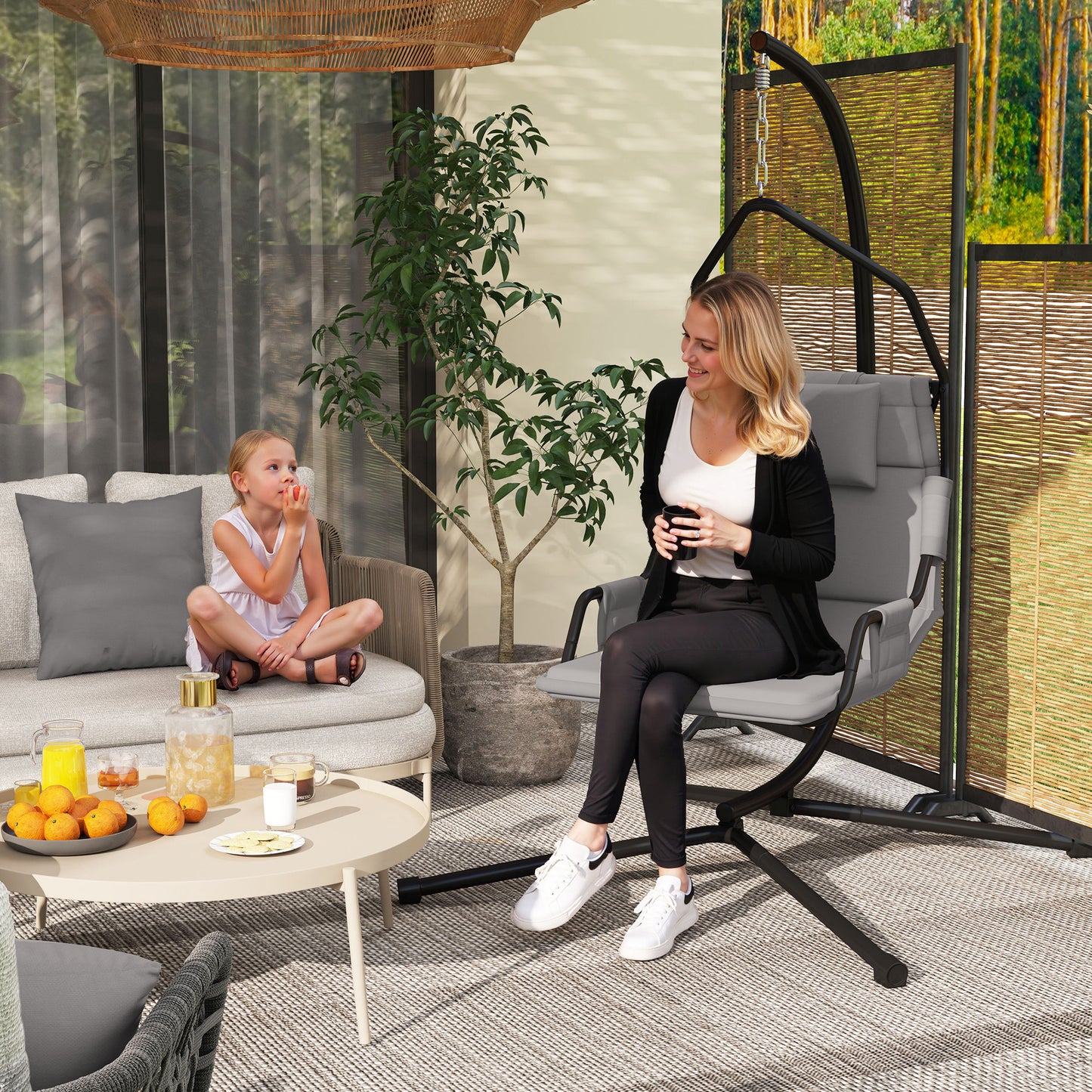 Hammock Chair With Stand And PA Coating Cushion, Hanging Swing Chair With Steel Frame For Indoor And Outdoor, Gray