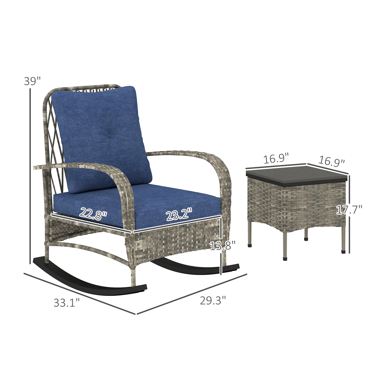 3 Piece Wicker Patio Furniture Set, Outdoor PE Rattan Rocking Chairs With Coffee Table, Cushions For Porch, Gray