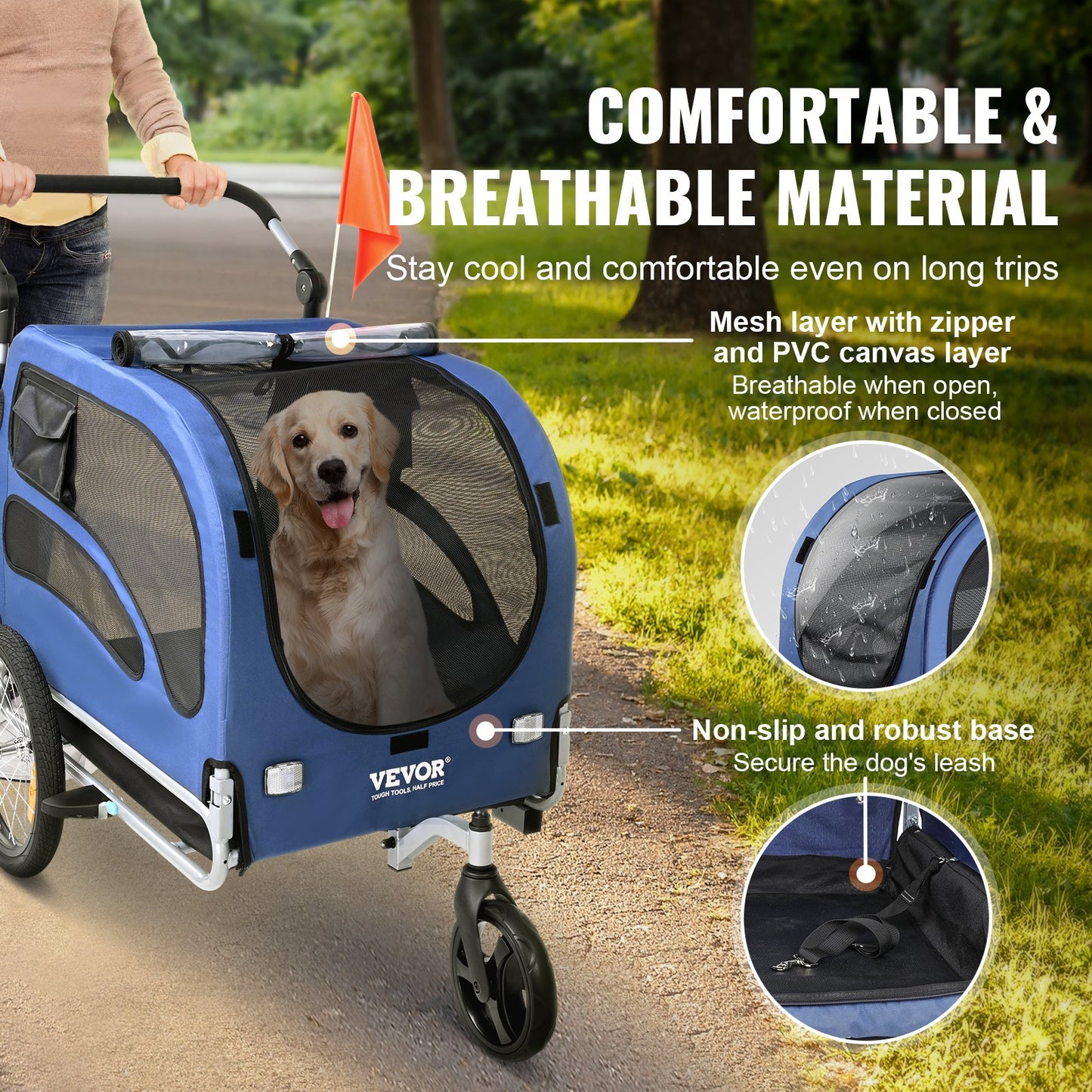 2-in-1 Pet Stroller Cart Bicycle Carrier, Easy Folding Cart Frame With Quick Release Wheels, Universal Bicycle Coupler, Reflectors, Flag, Blue Black