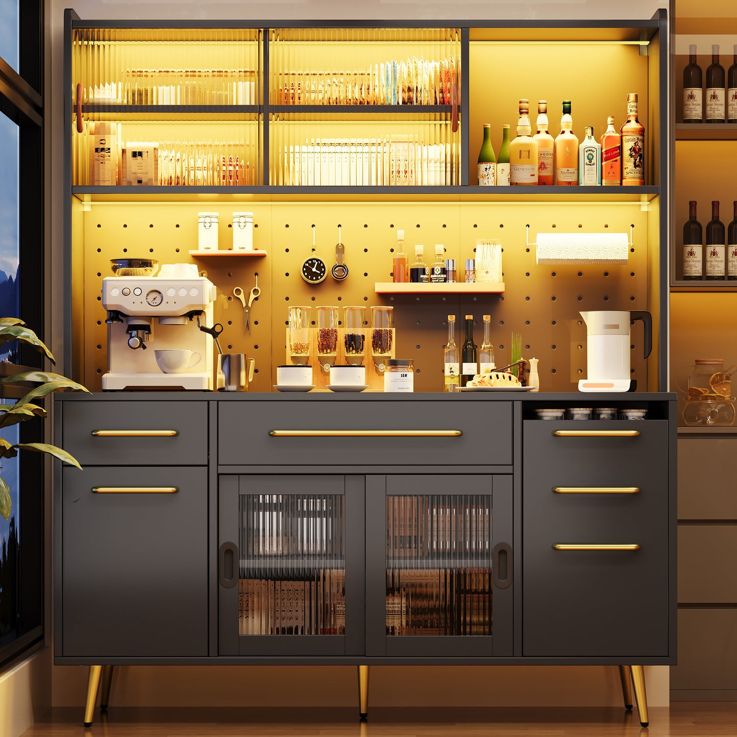Modernes Sideboard Mit LED-Beleuchtung ,Hochschrank Fur Kuche & Wohnzimmer, Aufbewahrungsschrank Mit Lochwand, Schublade & Glasboden, Black