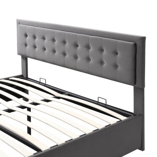 Upholstered Bed King Size Bed 5ft 150x200cm Velvet Fabric  Double Bed  Large Storage Space,With Slats And Headboard,Without Mattress,Grey