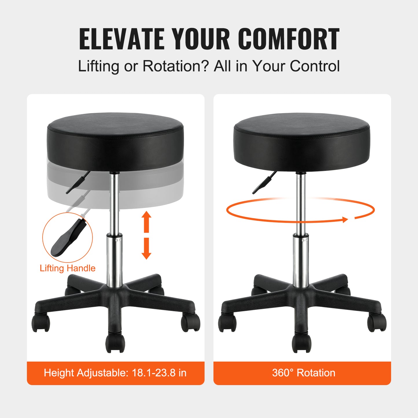 VEVOR Rolling Stools With Wheels, 400 LBS Weight Capacity Adjustable Height Stool With Ultra Thick Seat Cushion, Swivel Stools Chair For Salon, Bar, Home, Office, Tatoo, Medical, Massage, Black