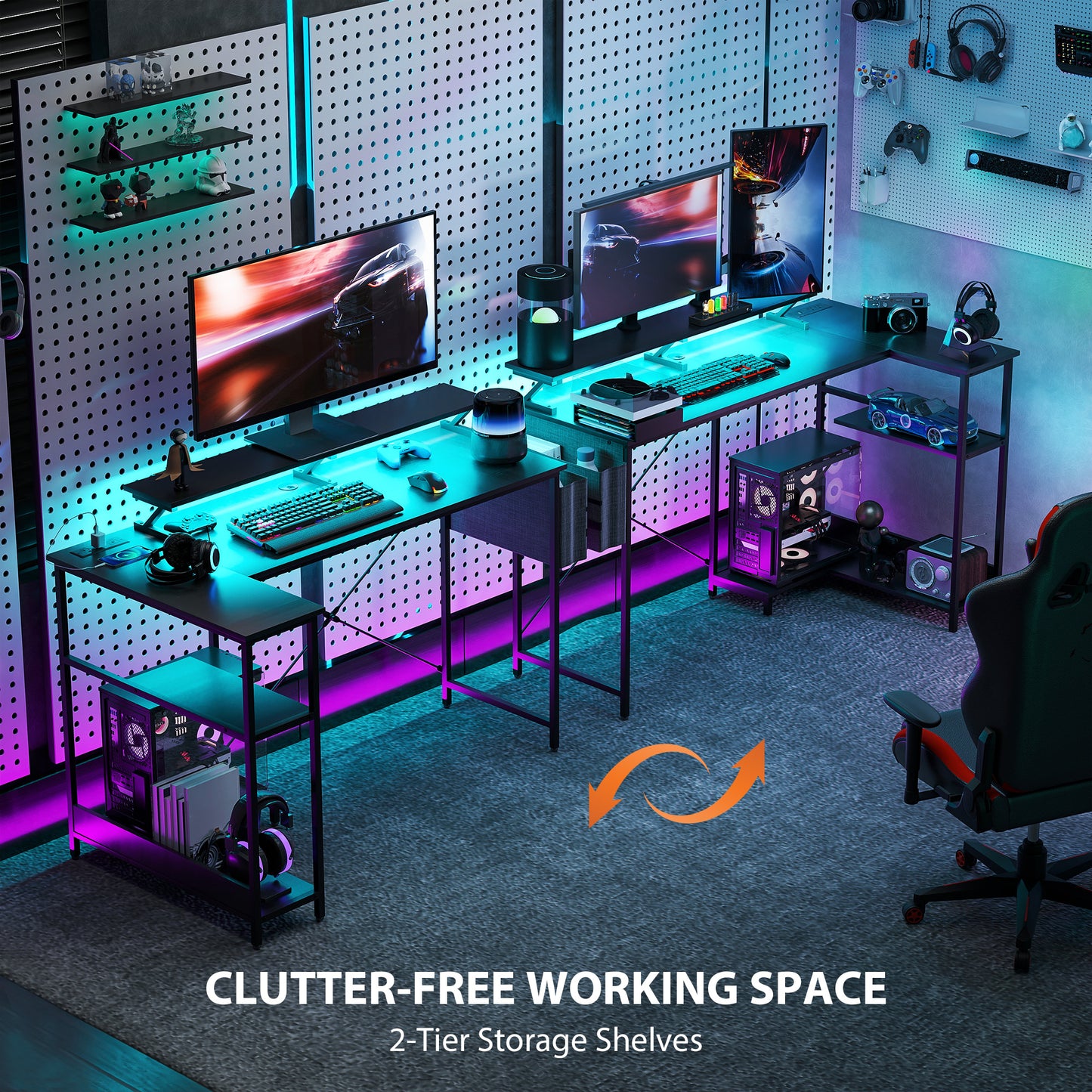 58" Reversible L Shaped Computer Desk, Corner Desk with Monitor Stand, Power Outlets and LED Lights, Black