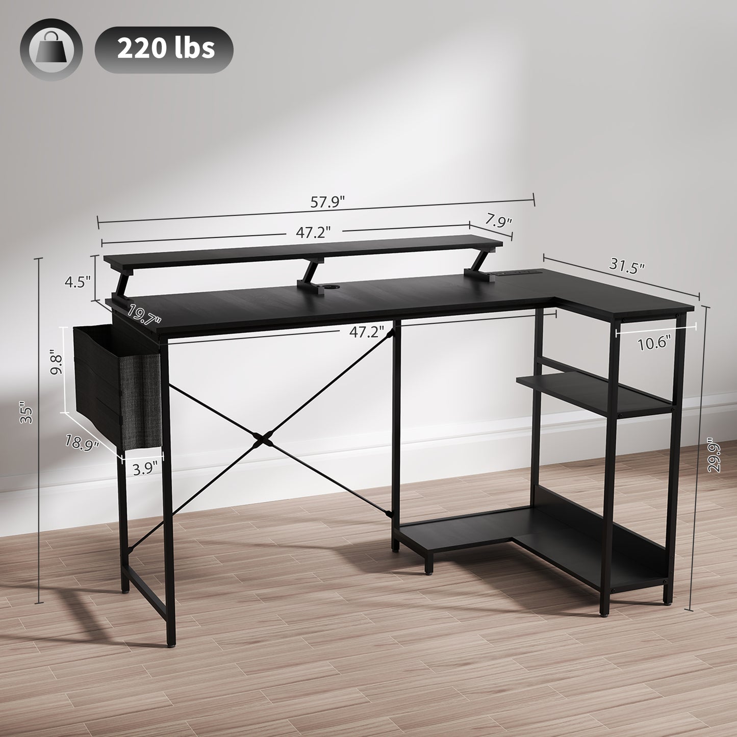 58" Reversible L Shaped Computer Desk, Corner Desk with Monitor Stand, Power Outlets and LED Lights, Black