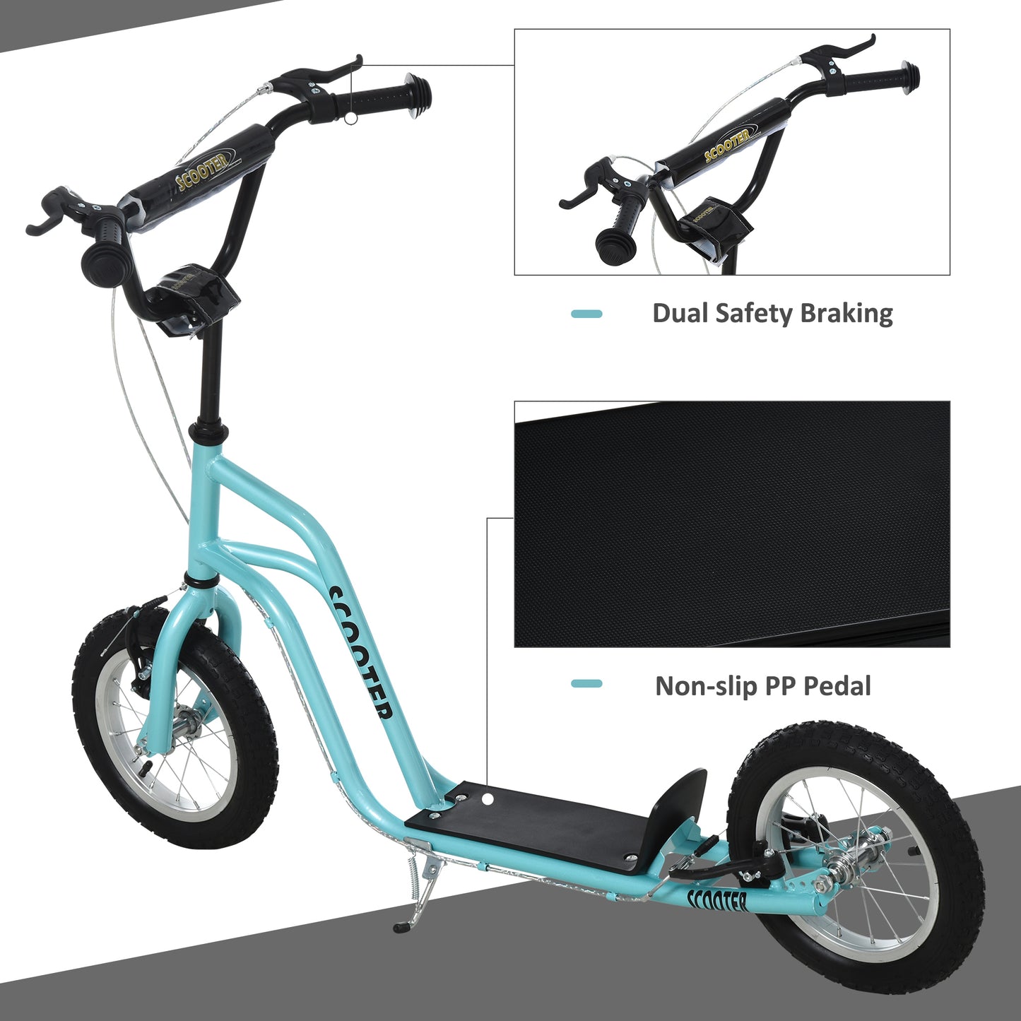 Stunt Scooter, Kids Scooter, 12'' Rubber Tyre Kick Scooter With Adjustable Handlebar, Dual Brakes, Blue