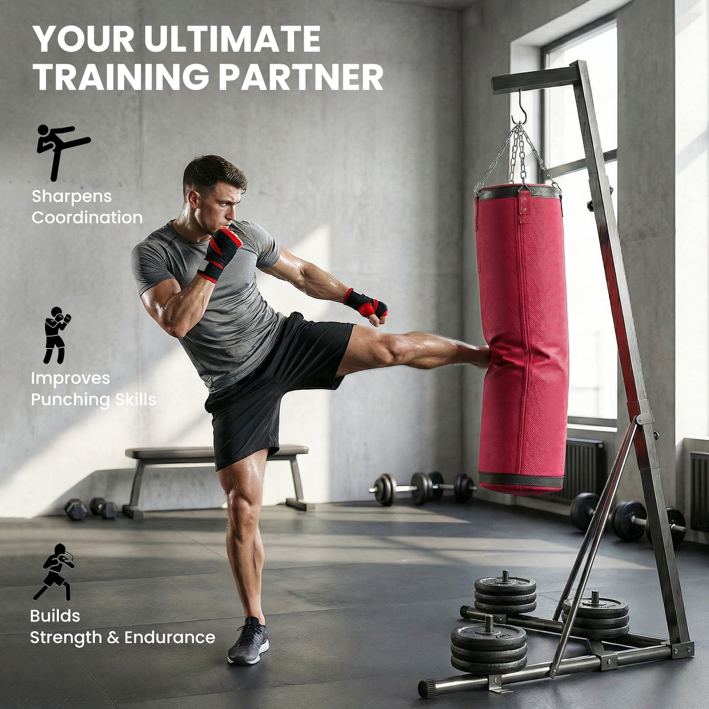 Punching Bag with Stand for Adults, 72.8"-90.9" Height Adjustable Freestanding Boxing Stand with Canvas Sandbag, Red