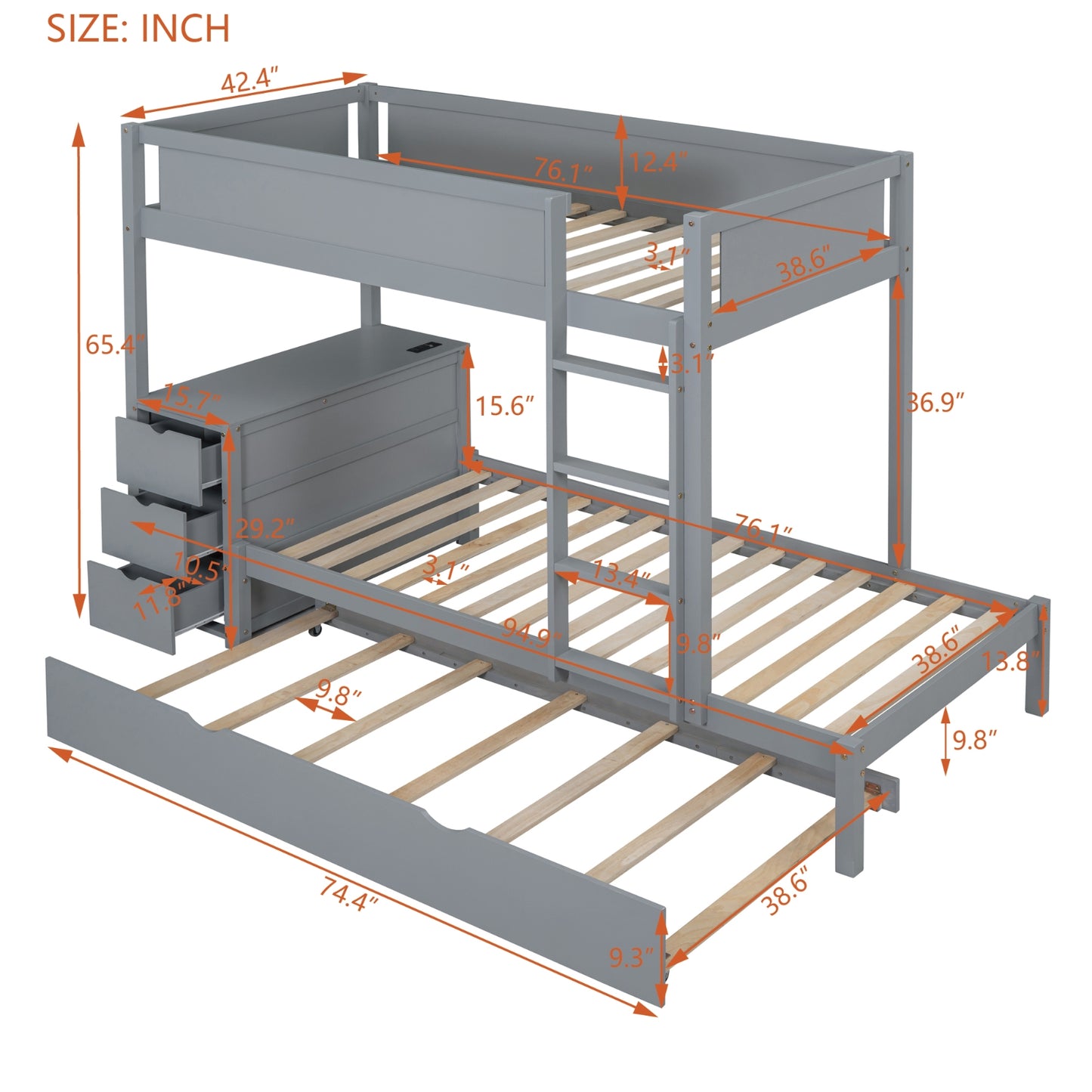 Twin-Over-Twin Bunk Bed With Twin Size Trundle, Storage And Desk, Gray