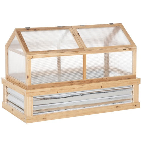 Outsunny Raised Garden Bed With Polycarbonate Greenhouse, Wooden Garden Cold Frame Greenhouse, Flower Planter Protection, 48 X 24 X 32, Natural