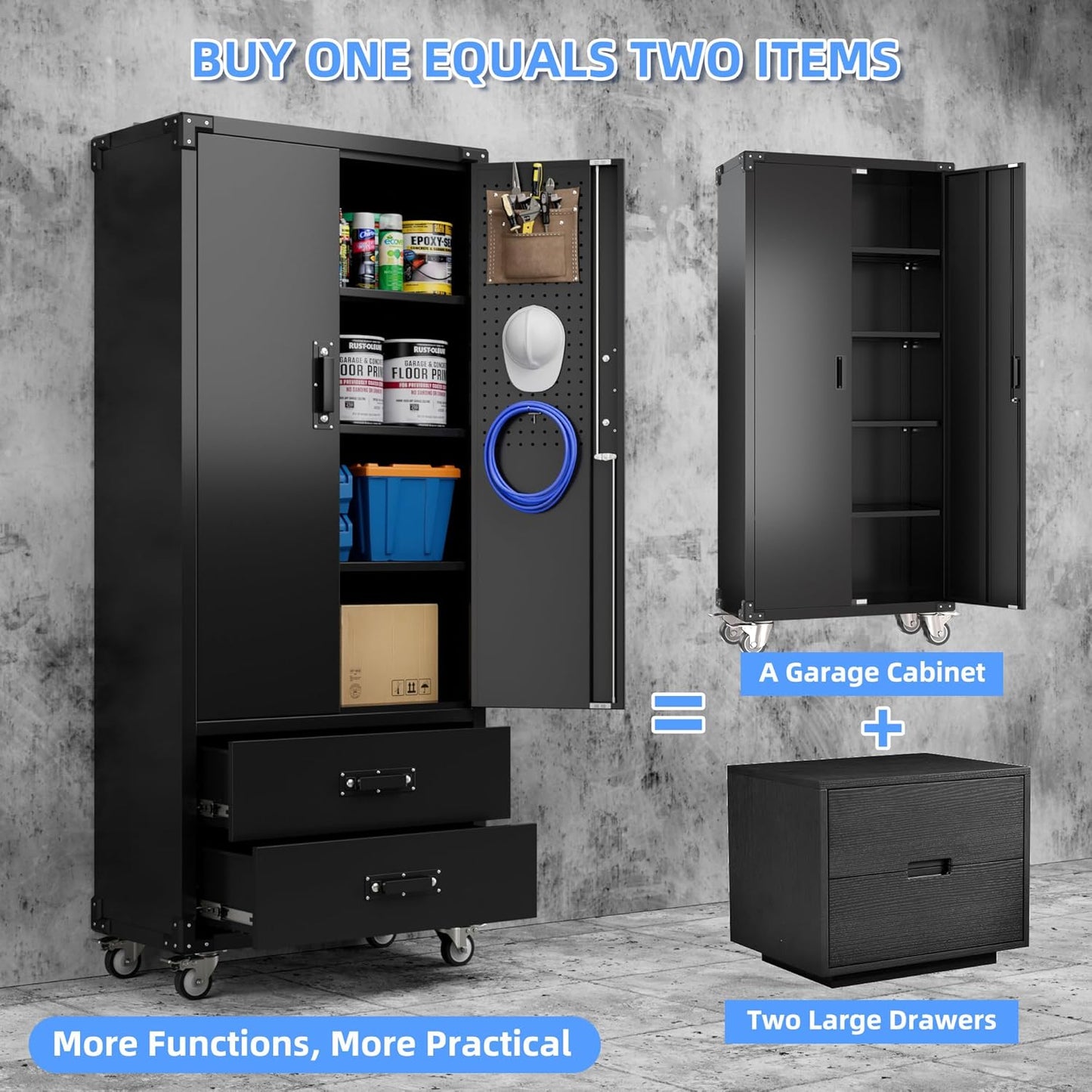 Rolling Storage Cabinet With 2 Doors And 2 Drawers, Metal Storage Cabinet With Doors And Shelves, Locking Steel Cabinet For Warehouse, Home, Office Black