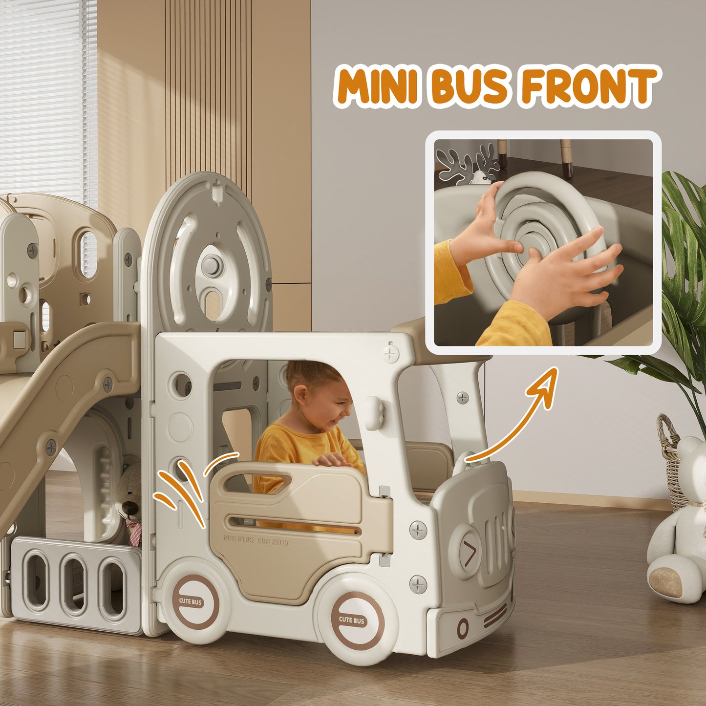 9 In 1 Toddler Slide For Kids Ages 1-6 With Bus Front, Basketball Hoop, Climber, Storage Space, Ring Toss, Cream White