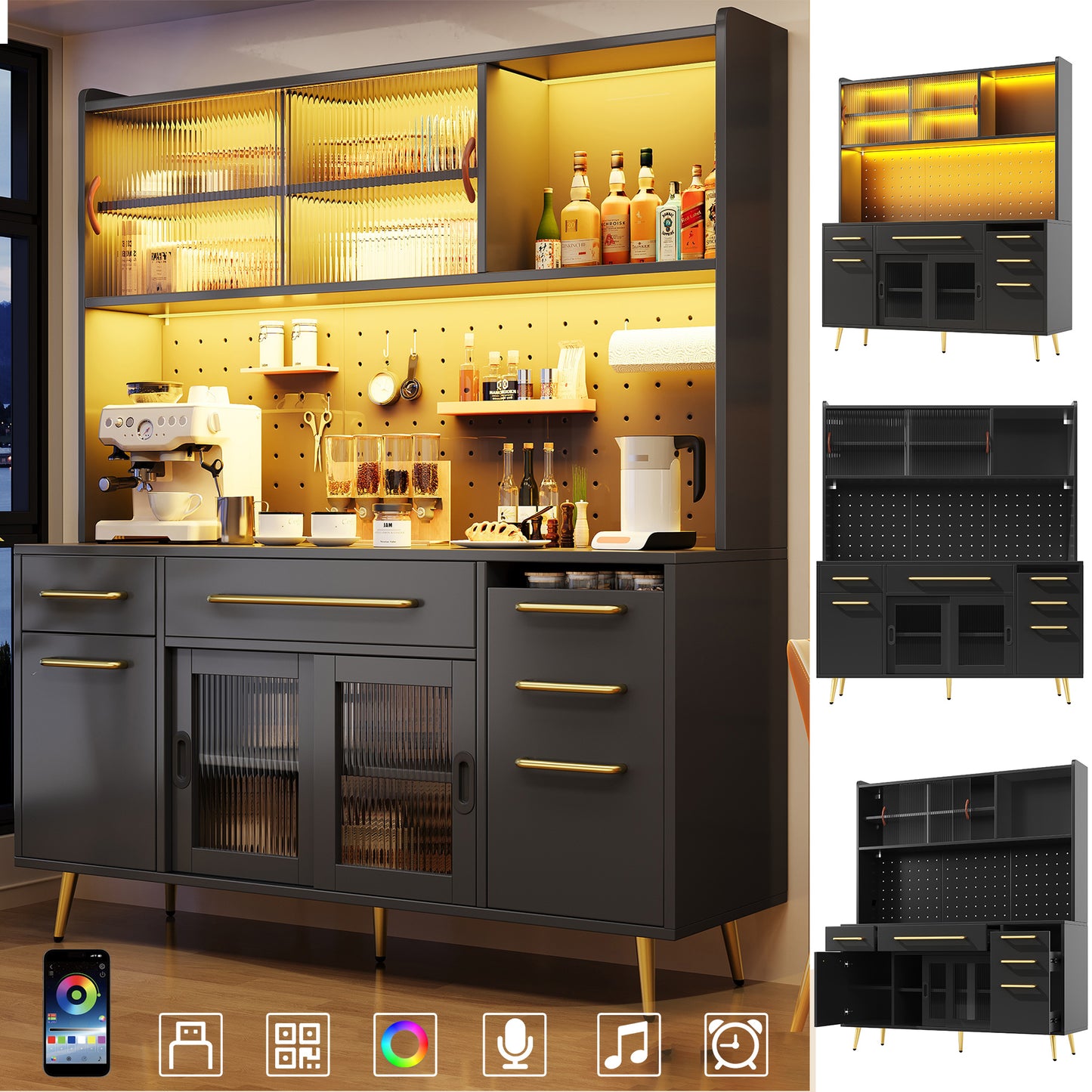 Modernes Sideboard Mit LED-Beleuchtung ,Hochschrank Fur Kuche & Wohnzimmer, Aufbewahrungsschrank Mit Lochwand, Schublade & Glasboden, Black