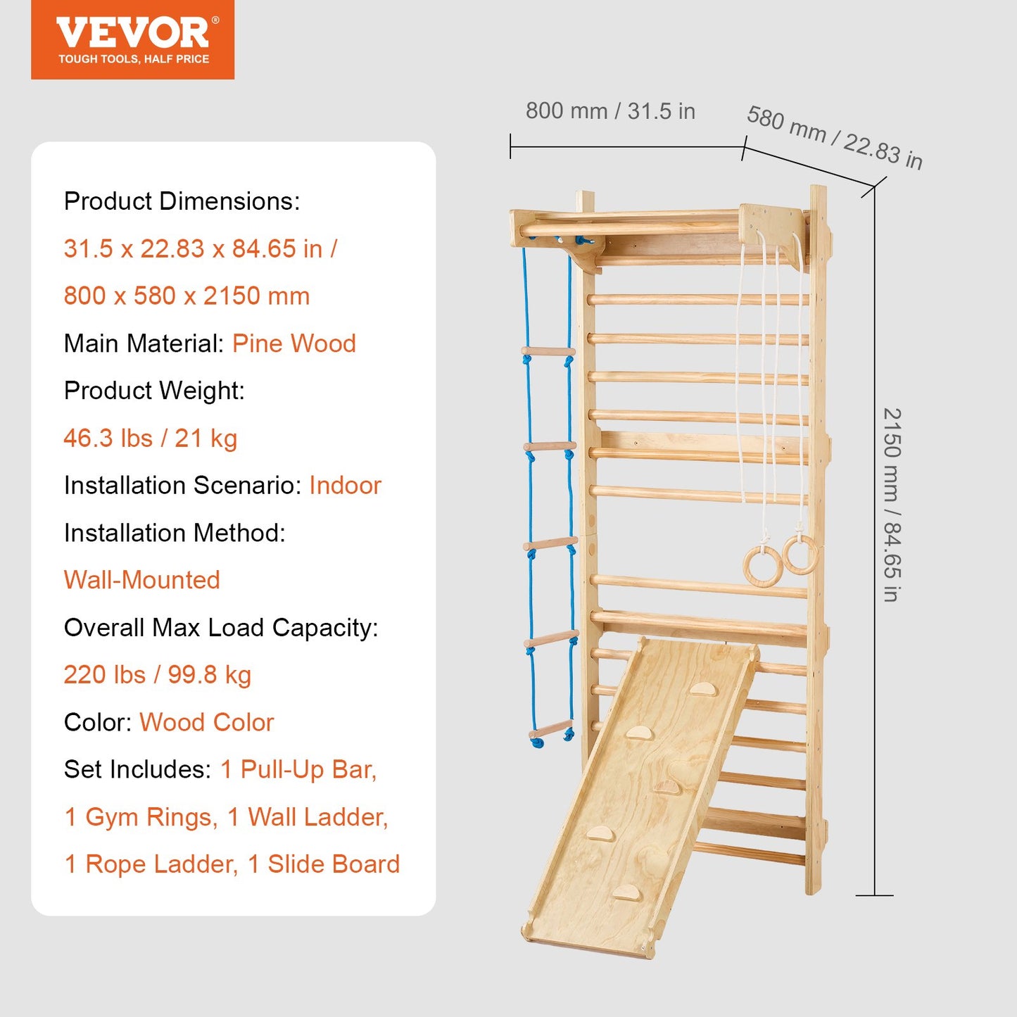 Swedish Ladder Wall Gym 5 In 1 Wooden Indoor Playground Climbing Toys