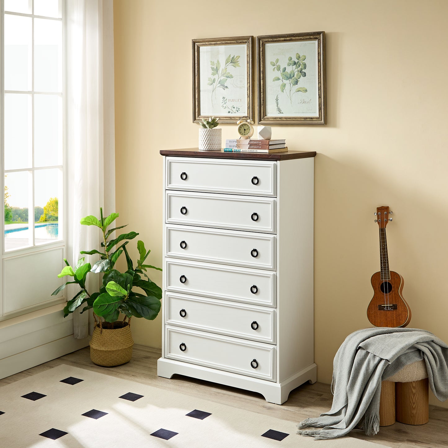 Modern 6 Drawer Dresser, Dressers For Bedroom, Tall Chest Of Drawers Closet Organizers & Storage Clothes - Easy Pull Handle, Textured Borders Living Room, Hallway,L 29.53xW15.75xH48.03 White