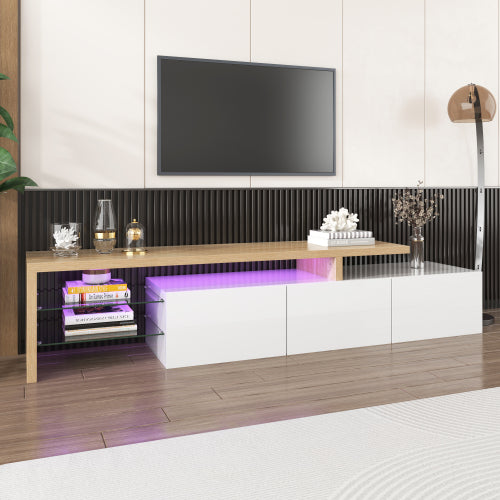 Modern TV Cabinet Design Stylish And Elegant, Practical Storage, High-gloss White, Wooden Look, Glass Shelves, LED Lighting