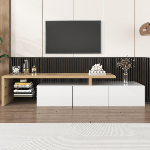 Modern TV Cabinet Design Stylish And Elegant, Practical Storage, High-gloss White, Wooden Look, Glass Shelves, LED Lighting