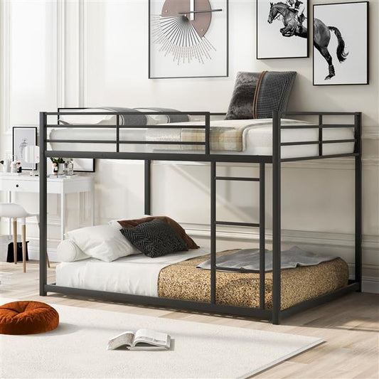 Full Metal Bunk Bed, Low Bunk Bed With Ladder, Black