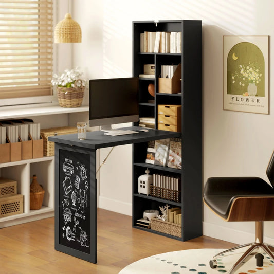 Old-out Convertible Home Office Desk, Wall Mount Computer Desk With Blackboard And Side Shelf, Black
