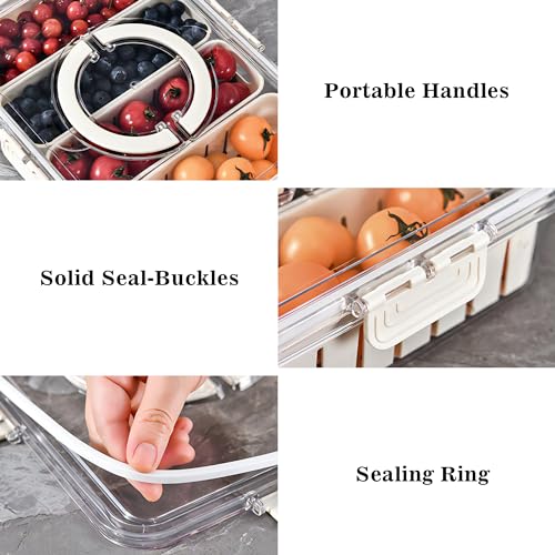 Vegetable Tray With Divided Lid And Handle. Divided Plate With Four Compartments. Portable Snack Storage Box. Stackable Snack Container. Refrigerated Food Container. Suitable For Fruits, Vegetables, A