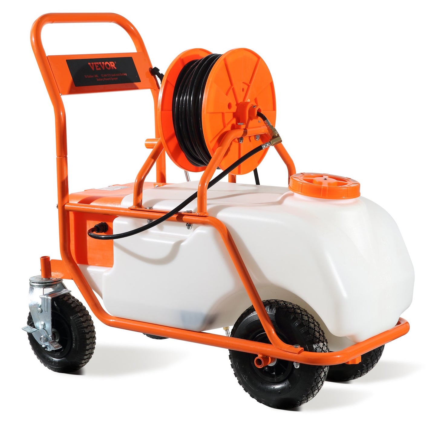 Battery Powered Lawn Sprayer On Wheel, 0-90 PSI Adjustable Pressure, 15 Gallon Tank, Cart Sprayer With 8 Nozzles And 2 Wands, 12V 12Ah Battery, Wide Mouth Lid For Weeding, Spraying