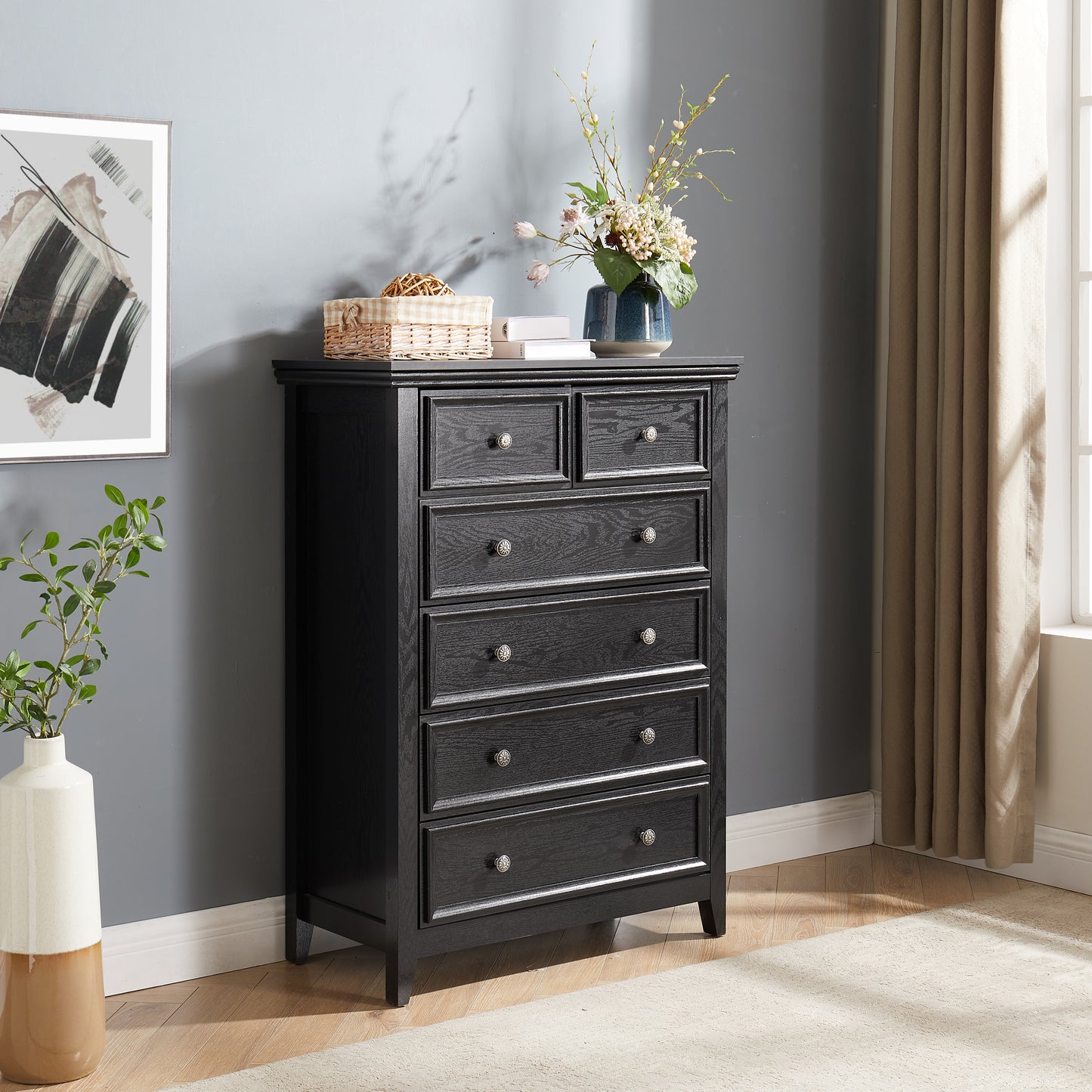 Modern 6 Drawers Dresser 6 Drawers Cabinet,Chest Of Drawers Closet Organizers And Storage Clothes Storage Drawers Cabinet For Living Room, Farmhouse Dresser Organizer Black