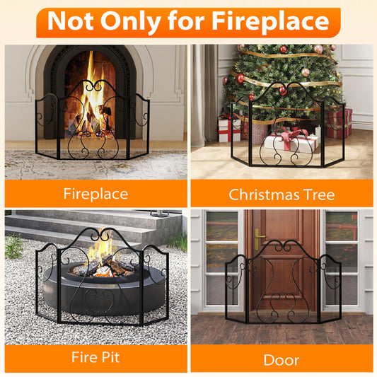 3 Panel Fireplace Screen Foldable Guard Cover With Decorative Scroll