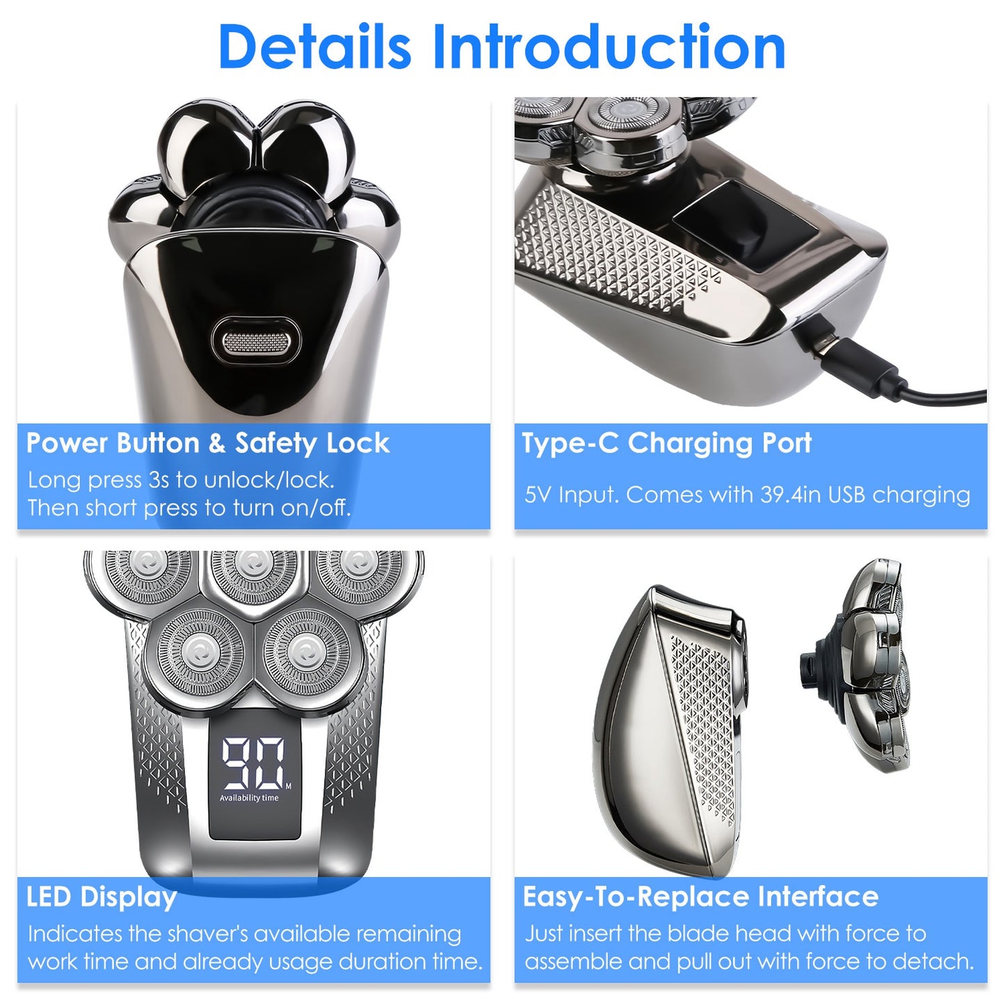 1Pc Head Shavers For Bald Men 5 In 1 7D Electric Rotary Razor Rechargeable Cordless Head Beard Trimmer Shaver Kit IPX6 Waterproof Dry Wet Grooming Kit With 3 Combs