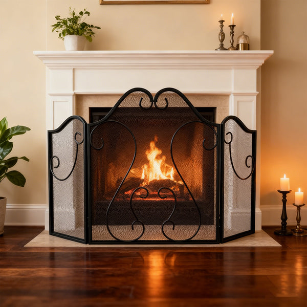 3 Panel Fireplace Screen Foldable Guard Cover With Decorative Scroll