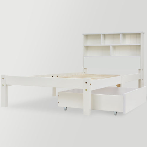 Bed With Shelves, White Wooden Storage Bed, Underbed Drawer - 3FT Single 90 X 190 Cm Frame Only