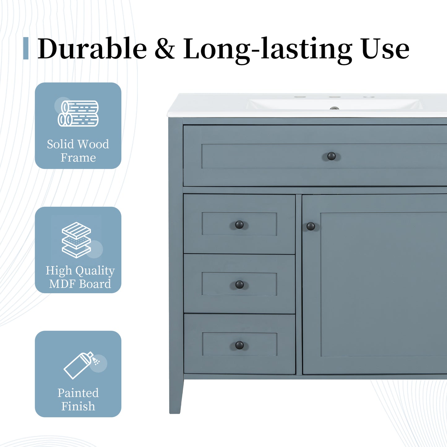 36-Inch Blue Gray Bathroom Vanity With Sink, Modern MDF And Rubberwood Cabinet With 3 Drawers And Adjustable Shelf, Freestanding Vanity For Bathroom Storage And Organization