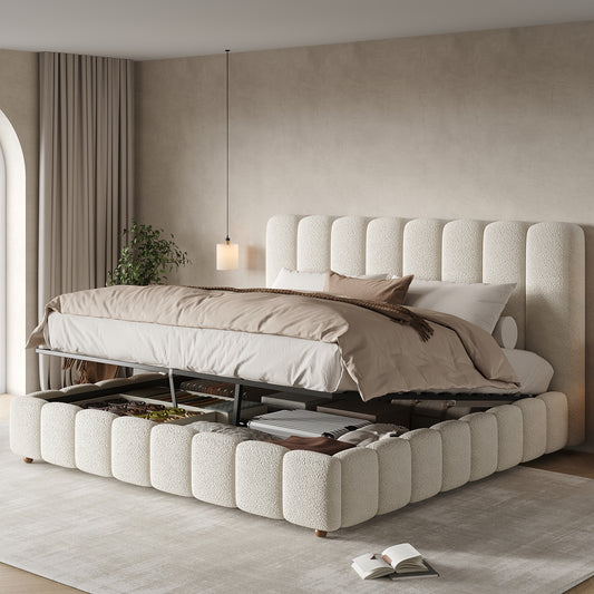Upholstered Bed, King Size Bed, 5ft-150x200cm, Hydraulic Functional Bed, Bed With Slatted Frame, Headboard And Large Storage Space, Padded Headboard, White Boucle