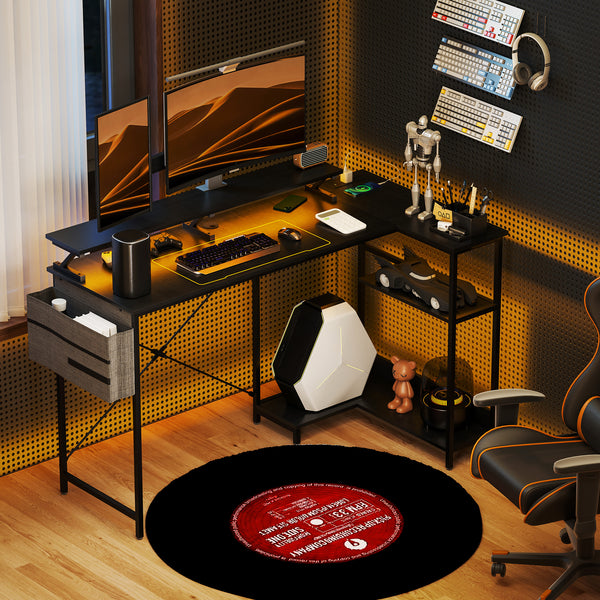58" Reversible L Shaped Computer Desk, Corner Desk with Monitor Stand, Power Outlets and LED Lights, Black